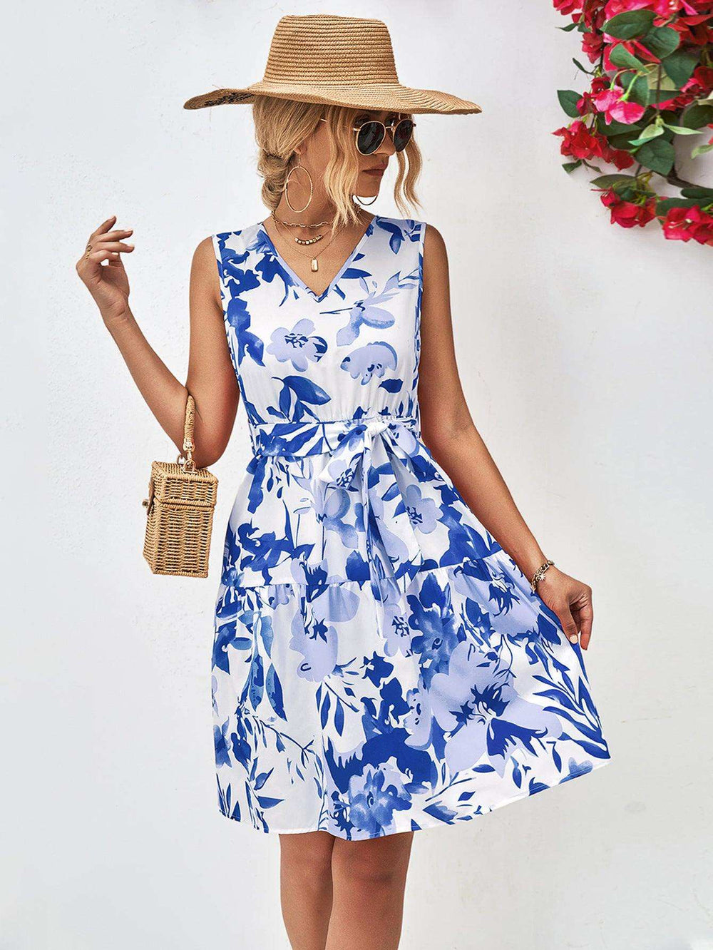 Floral V-Neck Tie Waist Sleeveless Dress - Trendsi - Flyclothing LLC