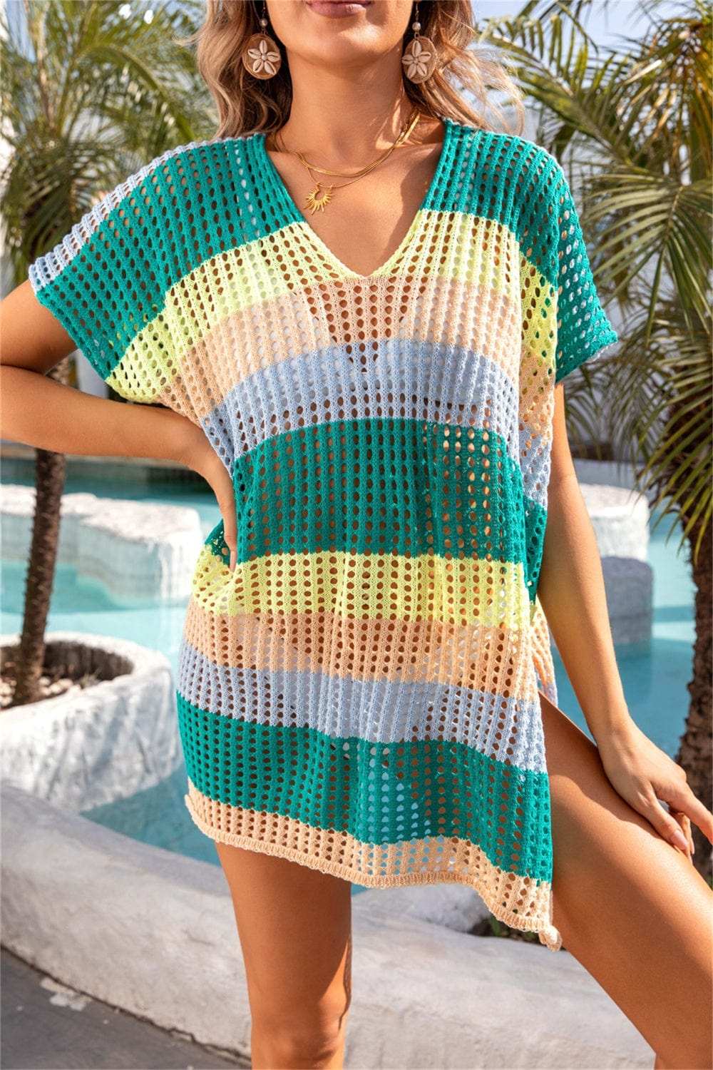 Openwork Striped V-Neck Short Sleeve Cover Up - Trendsi - Flyclothing LLC