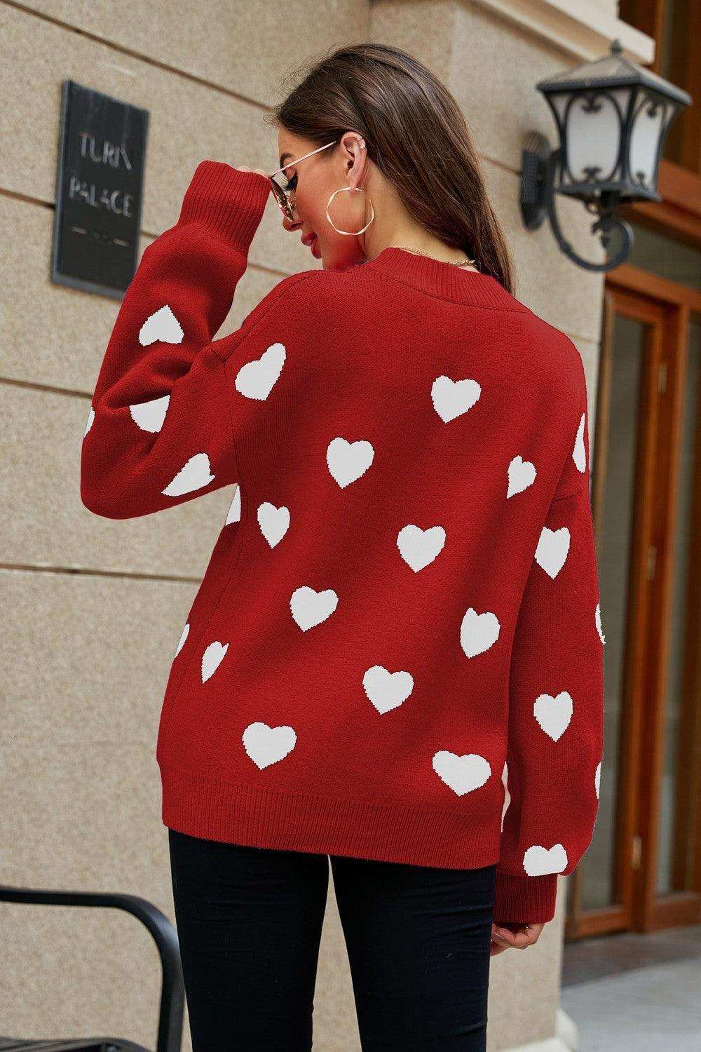 Heart Pattern Lantern Sleeve Round Neck Tunic Sweater - Trendsi - Flyclothing LLC