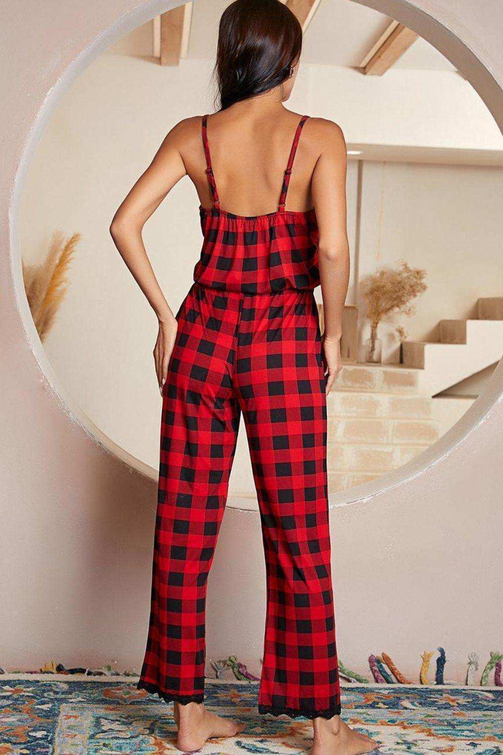 Plaid Lace Trim Spaghetti Strap Jumpsuit - Trendsi - Flyclothing LLC