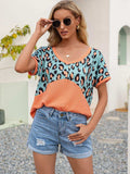 Leopard Waffle-Knit Short Sleeve Top - Trendsi - Flyclothing LLC