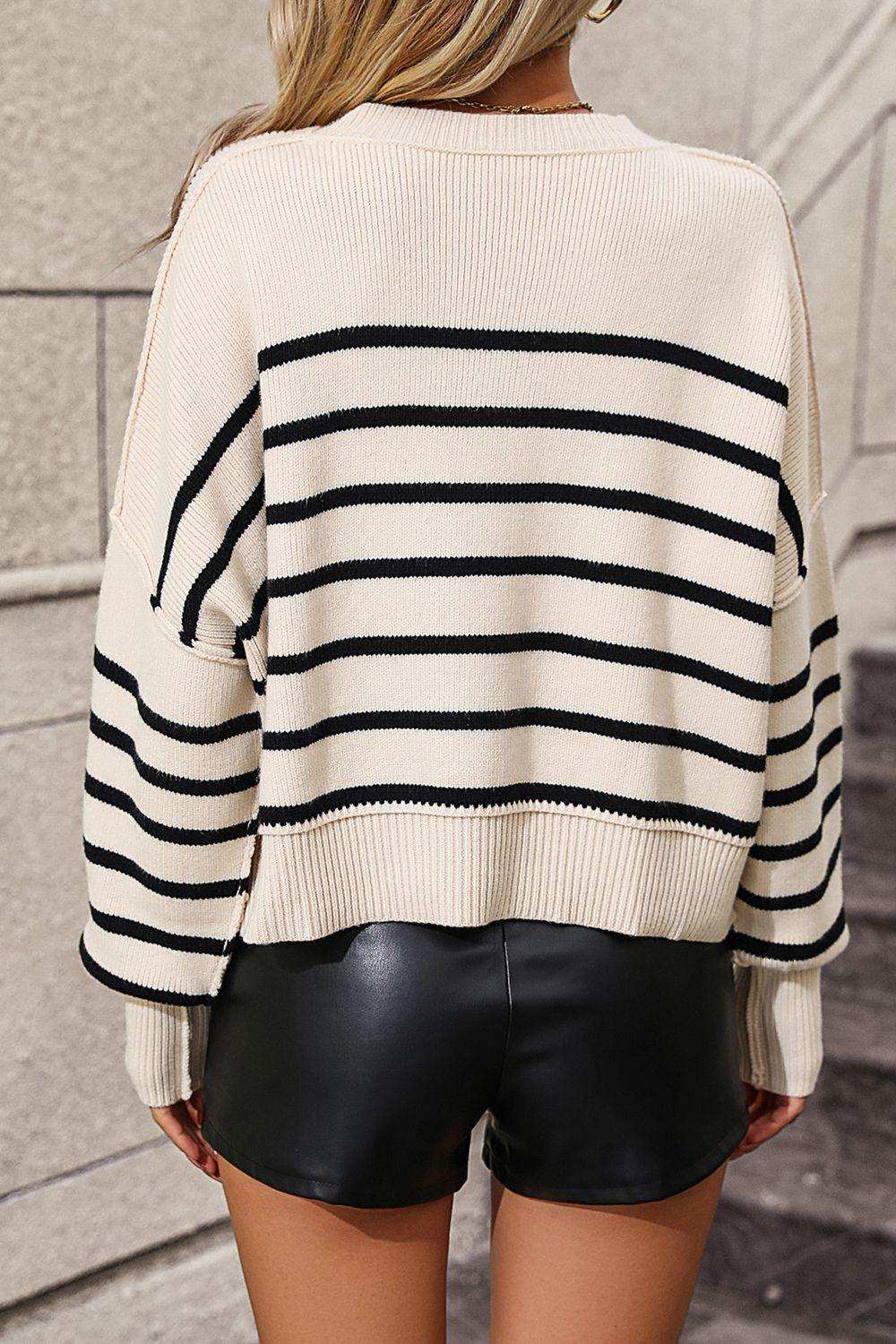 Striped Dropped Shoulder Round Neck Pullover Sweater - Trendsi - Flyclothing LLC