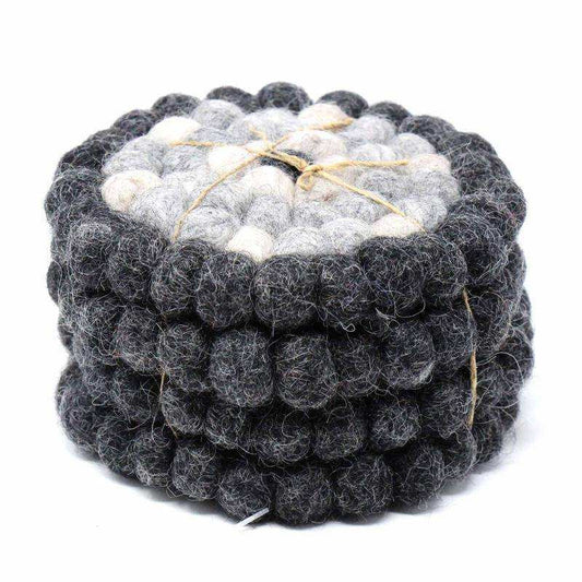 Hand Crafted Felt Ball Coasters from Nepal: 4-pack, Flower Black/Grey - Global Groove (T) - Global Groove - Flyclothing LLC