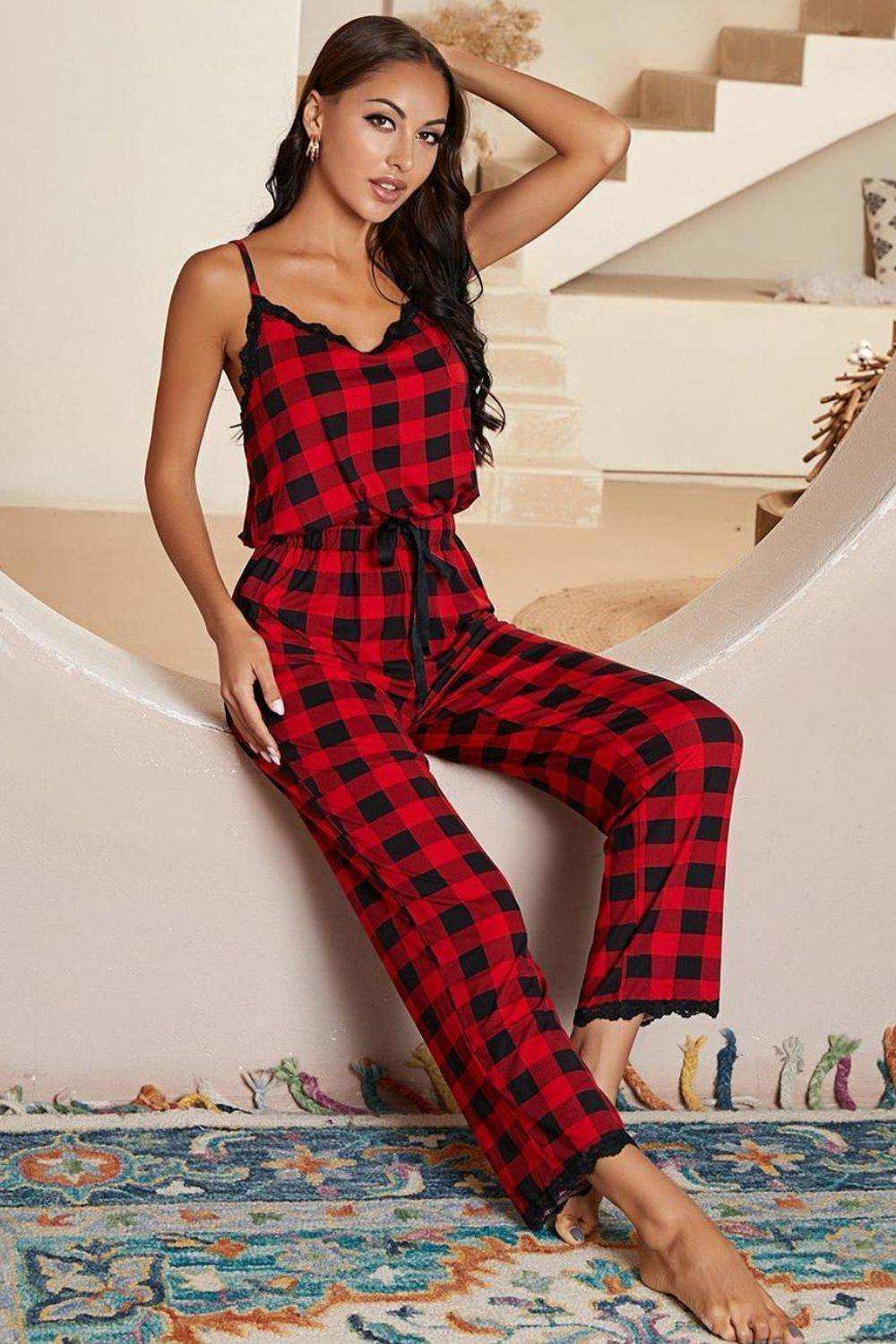 Plaid Lace Trim Spaghetti Strap Jumpsuit - Trendsi - Flyclothing LLC