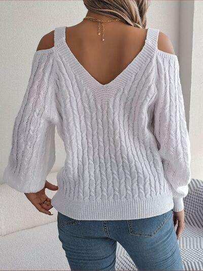 Cable-Knit Cold Shoulder Long Sleeve Sweater - Trendsi - Flyclothing LLC