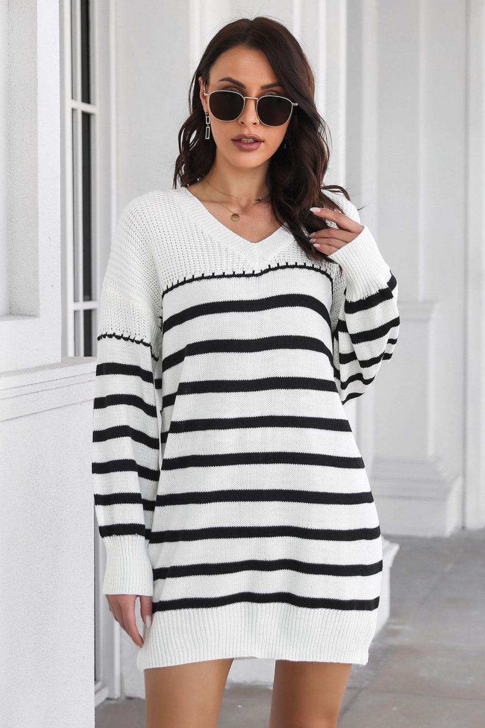 Striped V-Neck Drop Shulder Sweater Dress - Trendsi - Flyclothing LLC