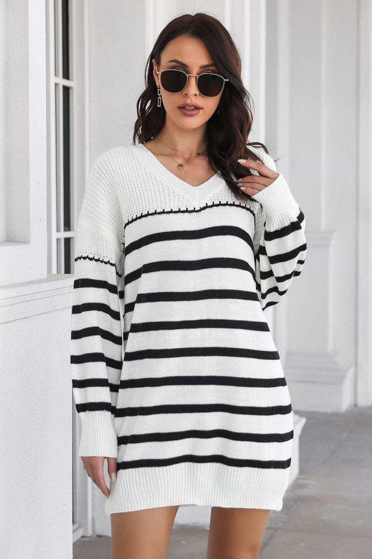 Striped V-Neck Drop Shulder Sweater Dress - Trendsi - Flyclothing LLC