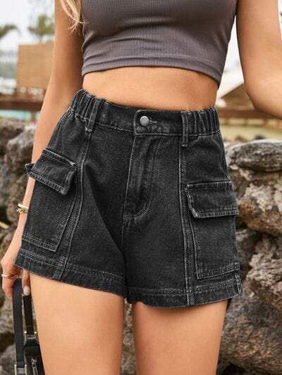 High Waist Denim Shorts with Pockets - Trendsi - Flyclothing LLC