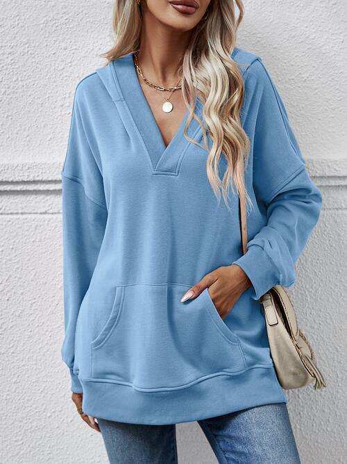 V-Neck Drop Shoulder Long Sleeve Hoodie - Trendsi - Flyclothing LLC