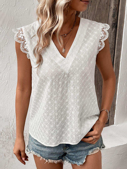 V-Neck Cap Sleeve Spliced Lace Top - Trendsi - Flyclothing LLC