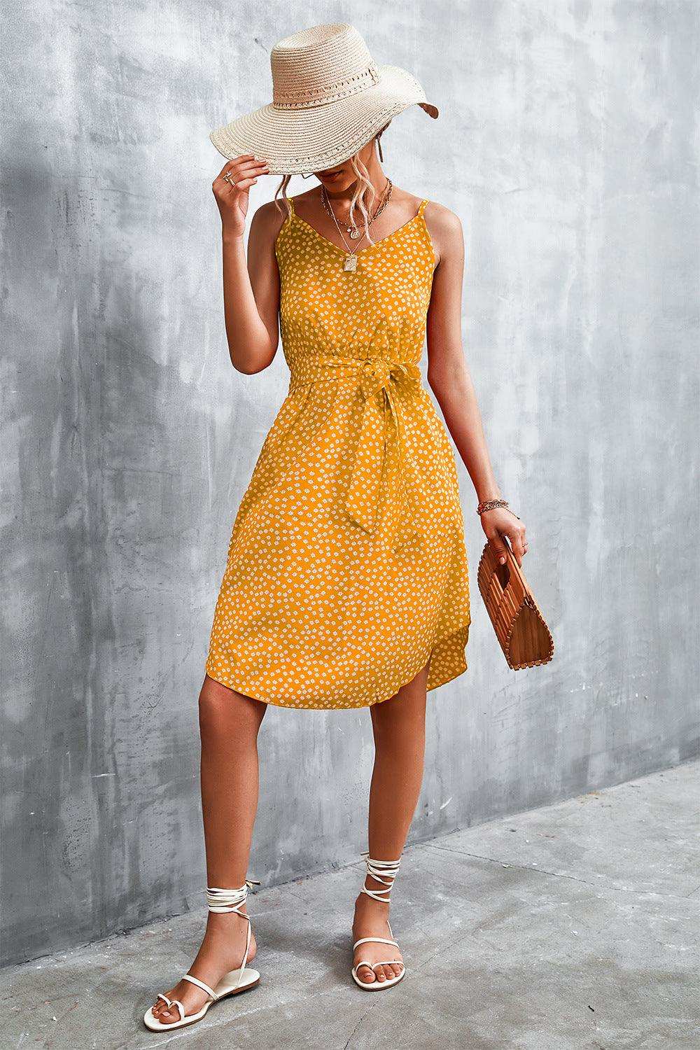 Printed V-Neck Tie Waist Mini Dress - Trendsi - Flyclothing LLC