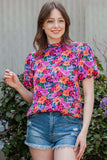 Floral Print Puff Sleeve Round Neck Blouse - Trendsi - Flyclothing LLC