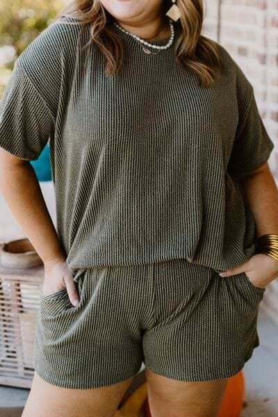 Plus Size Round Neck Top and Pocketed Shorts Set - Trendsi - Flyclothing LLC