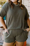 Plus Size Round Neck Top and Pocketed Shorts Set - Trendsi - Flyclothing LLC