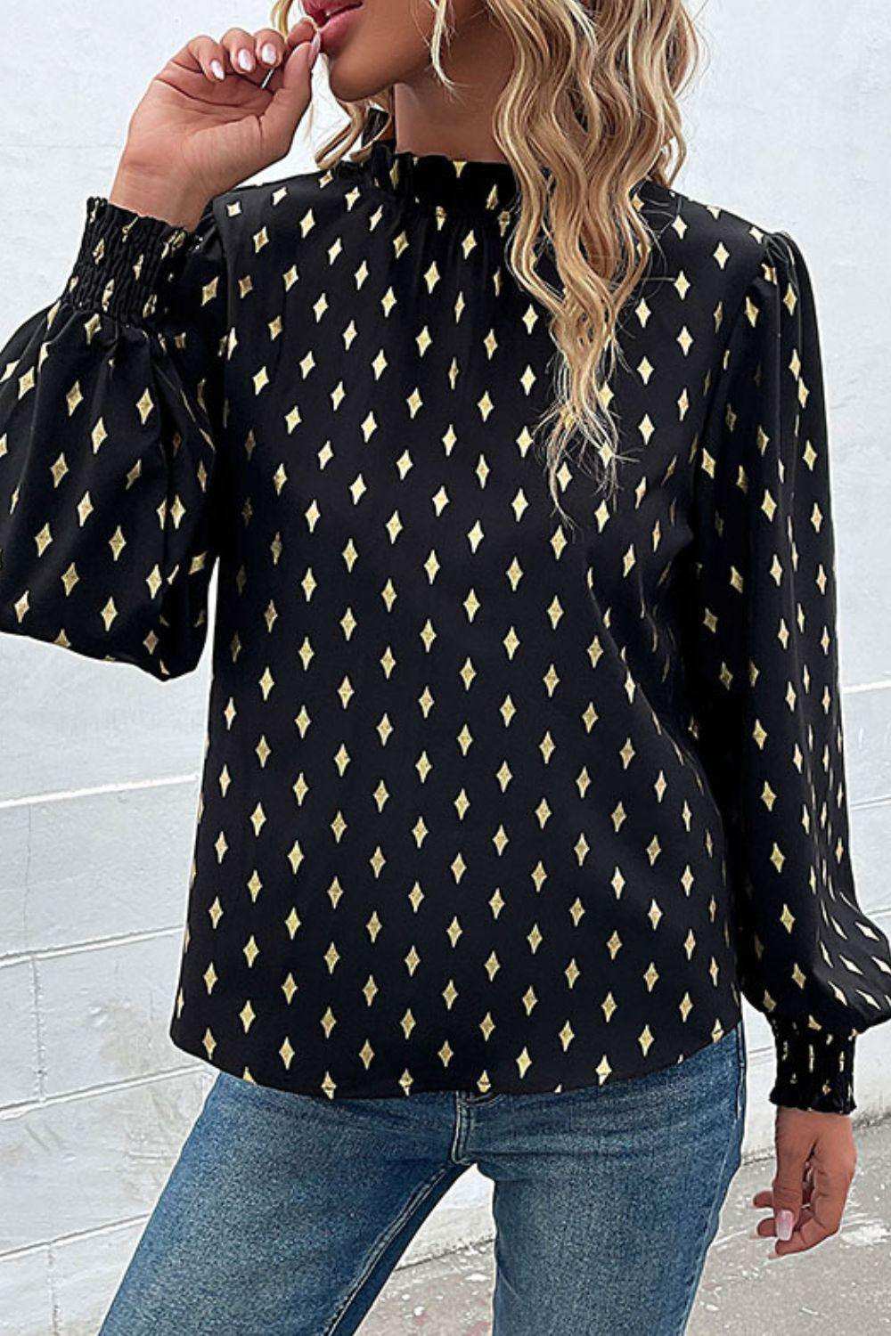 Geometric Print Frill Neck Lantern Sleeve Blouse - Trendsi - Flyclothing LLC