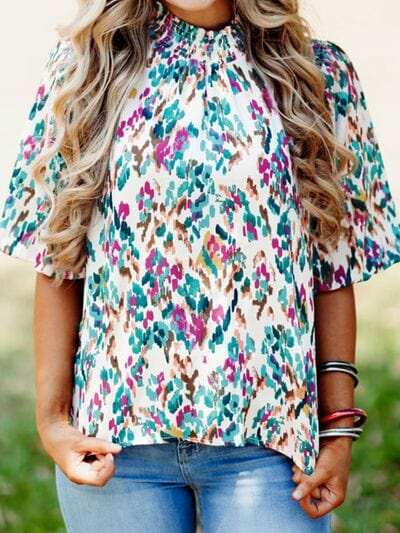Printed Mock Neck Half Sleeve Blouse - Trendsi - Flyclothing LLC