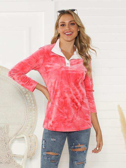 Tie-Dye Half Button Long Sleeve T-Shirt - Trendsi - Flyclothing LLC