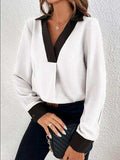 Contrast Trim V-Neck Long Sleeve Blouse - Trendsi - Flyclothing LLC