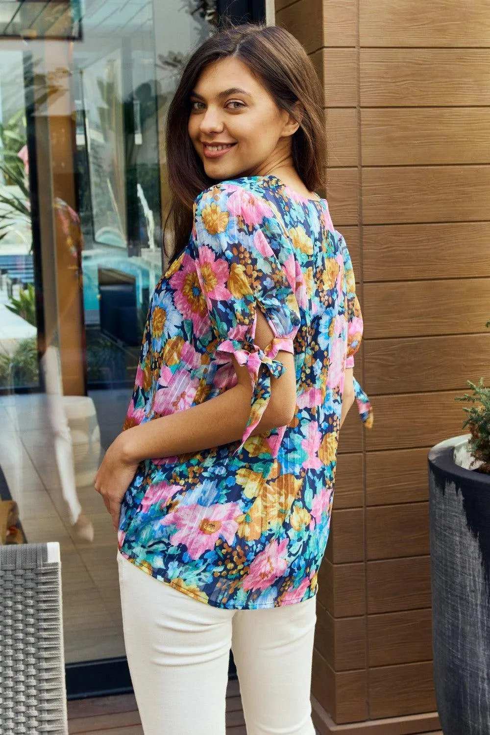 Petal Dew Full Size Floral V-Neck Tie Detail Blouse - Trendsi - Flyclothing LLC