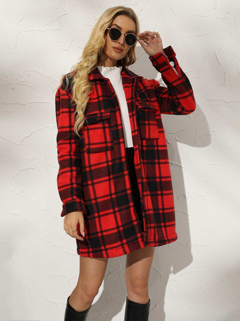 Plaid Collared Longline Coat - Trendsi - Flyclothing LLC