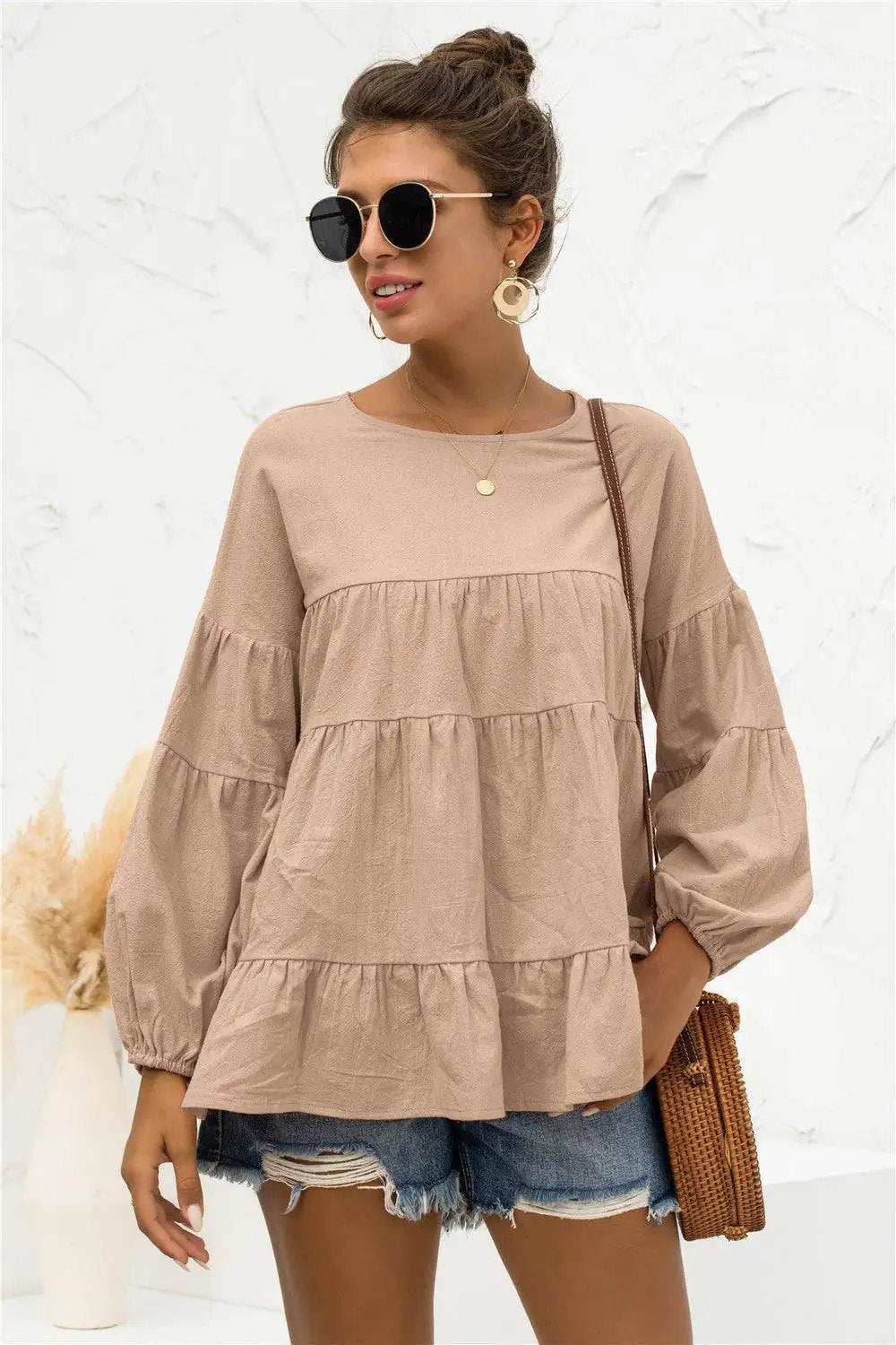 Round Neck Bubble Sleeve Tiered Blouse - Trendsi - Flyclothing LLC