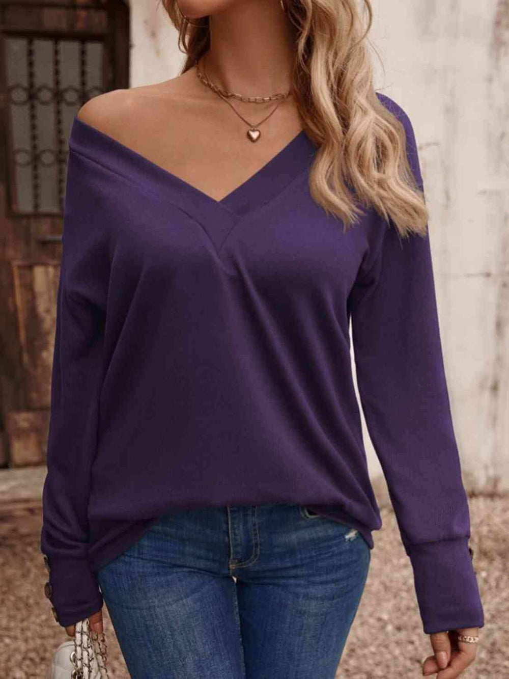 V-Neck Long Sleeve Top - Trendsi - Flyclothing LLC