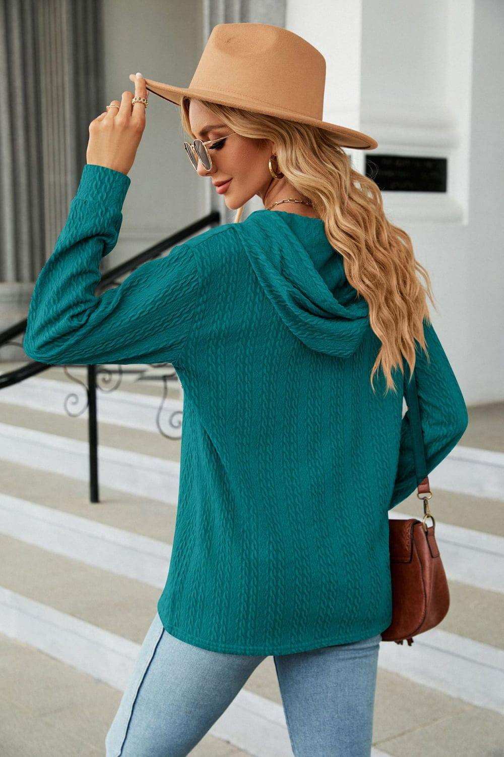 Cable-Knit Long Sleeve Hoodie - Trendsi - Flyclothing LLC