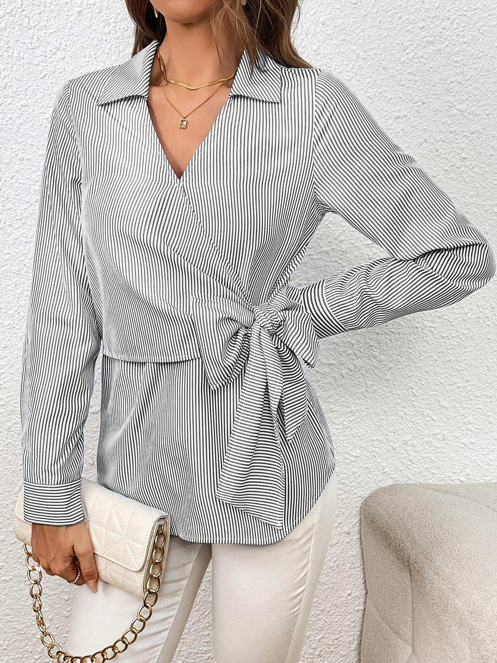 Bow Tie Waist Johnny Collar Neck Striped Blouse - Trendsi - Flyclothing LLC