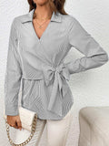 Bow Tie Waist Johnny Collar Neck Striped Blouse - Trendsi - Flyclothing LLC