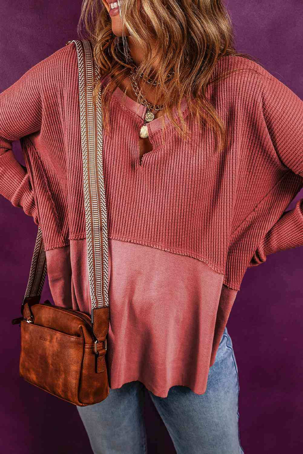 Notched Neck Long Sleeve Slit Blouse - Trendsi - Flyclothing LLC