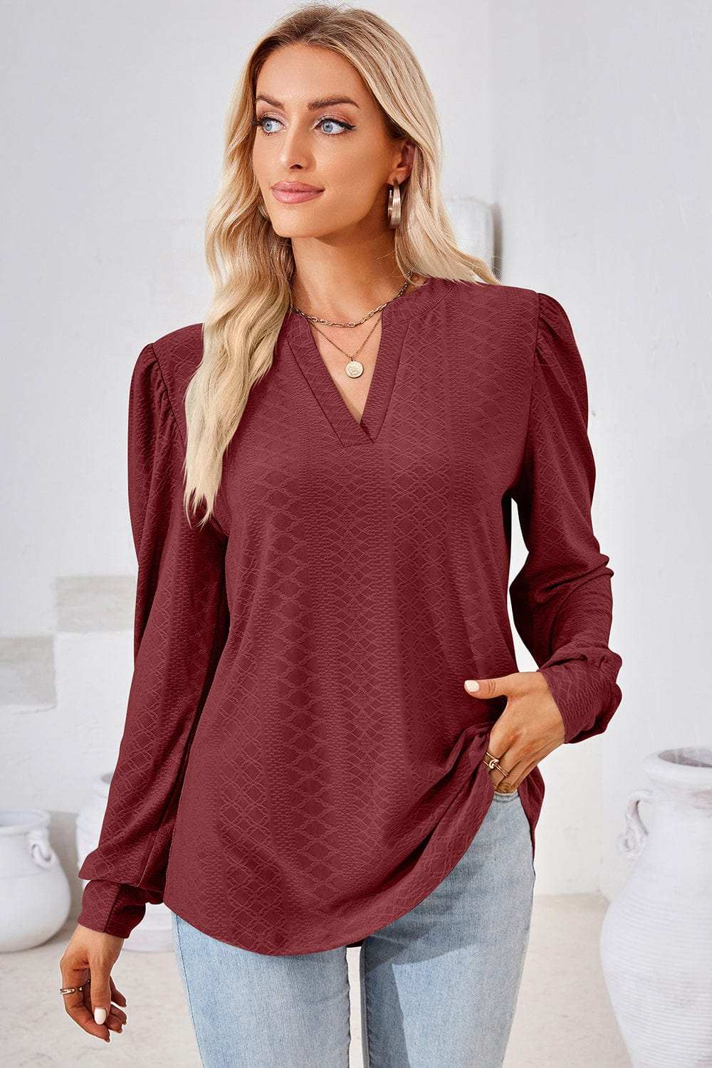 Ruched Notched Long Sleeve T-Shirt - Trendsi - Flyclothing LLC