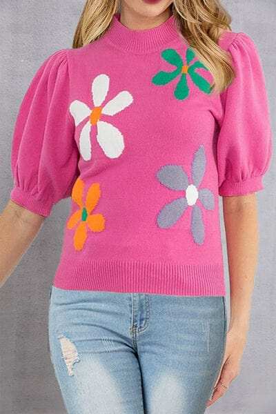 Flower Mock Neck Short Sleeve Sweater - Trendsi - Flyclothing LLC