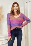 Double Take Multicolored Rib-Knit V-Neck Knit Pullover - Trendsi - Flyclothing LLC