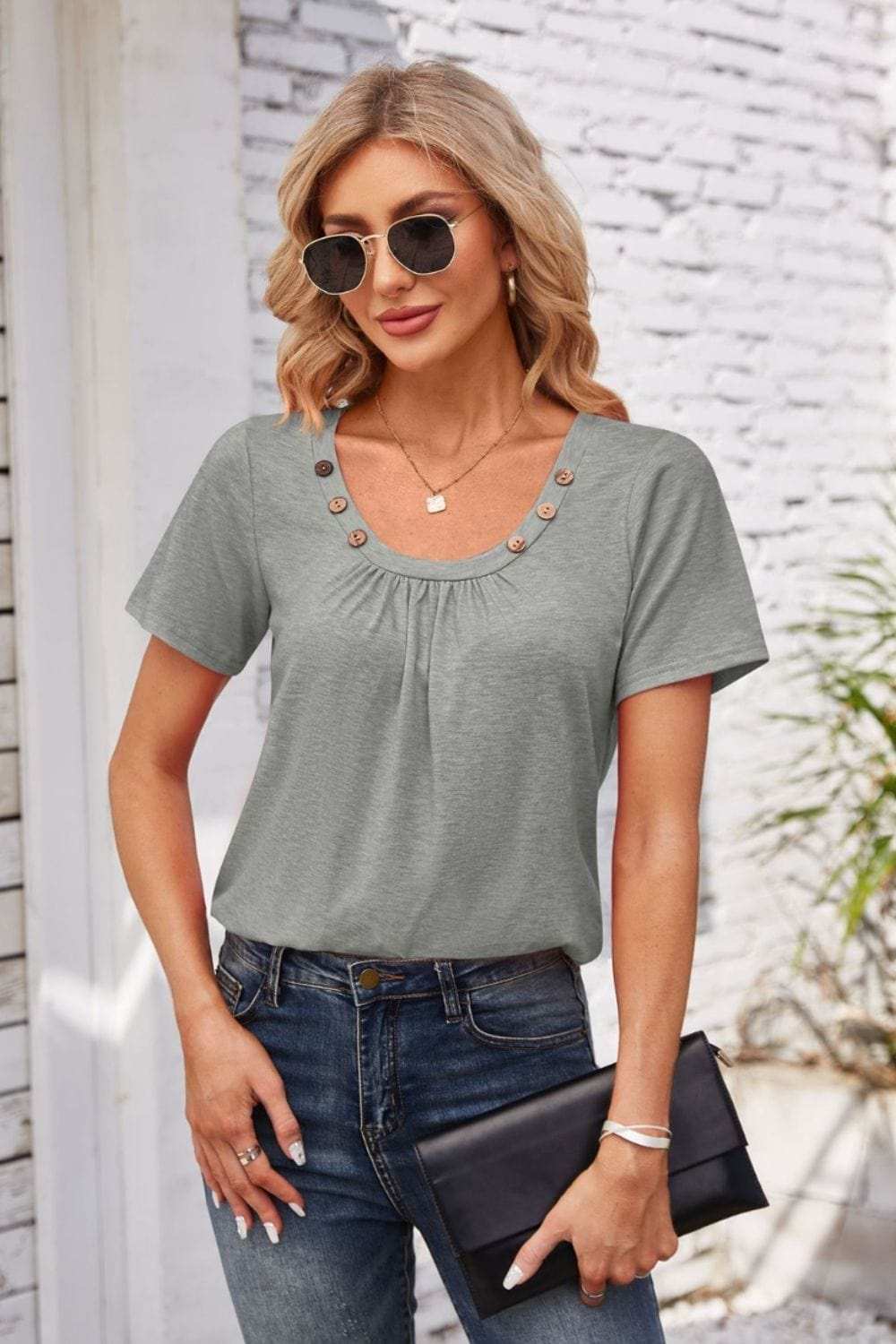 Decorative Button Scoop Neck T-Shirt - Trendsi - Flyclothing LLC