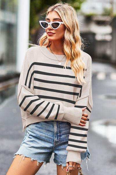 Striped Round Neck Drop Shoulder Slit Sweater - Trendsi - Flyclothing LLC