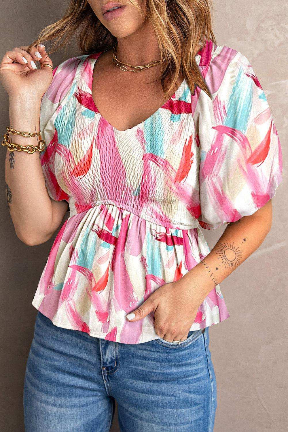 Printed V-Neck Babydoll Blouse - Trendsi - Flyclothing LLC