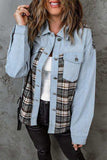 Plaid Pocketed Button Up Denim Jacket - Trendsi - Flyclothing LLC
