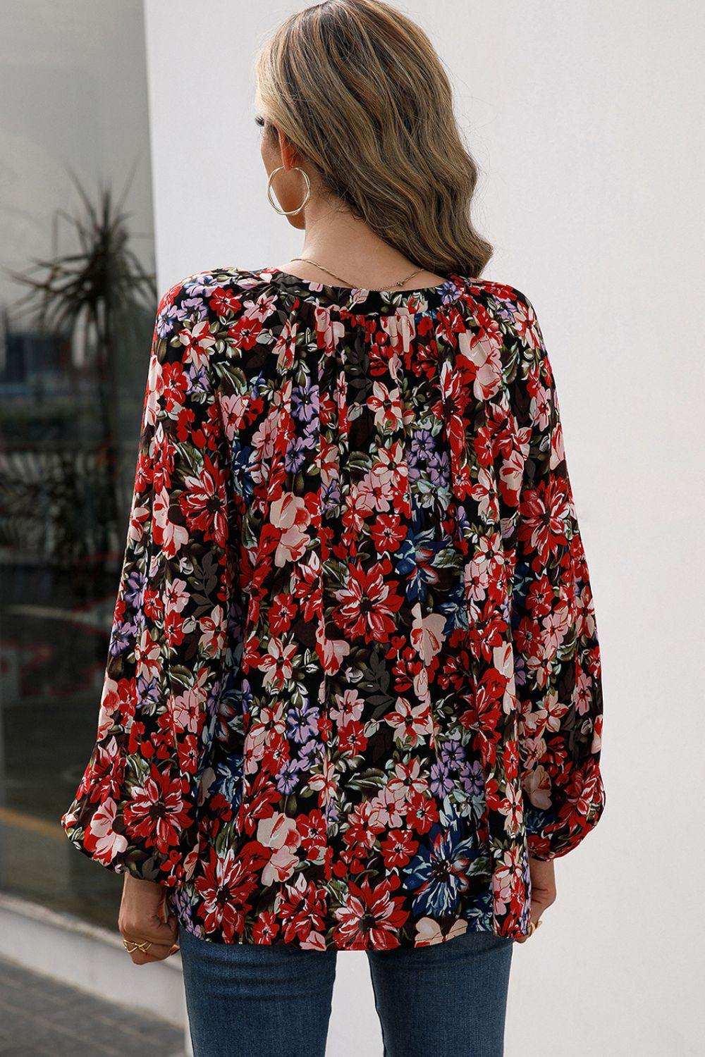 Floral Print Balloon Sleeve Ruched Blouse - Trendsi - Flyclothing LLC