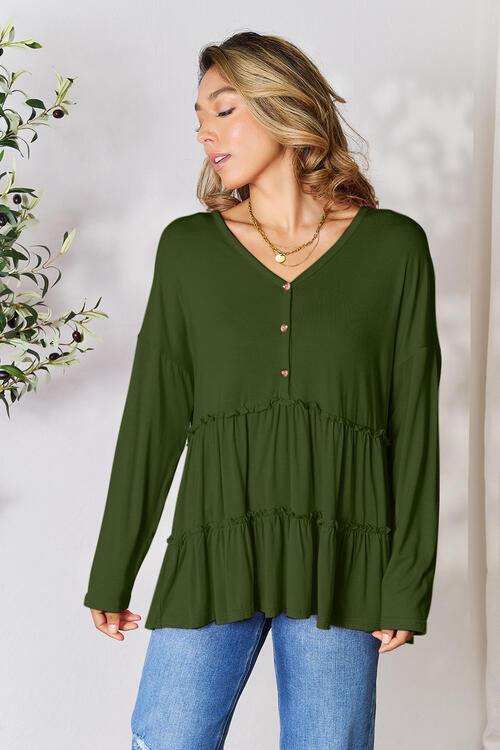 Double Take Half Button Long Sleeve Ruffle Hem Blouse - Trendsi - Flyclothing LLC