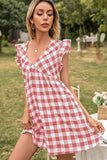 Plaid Butterfly Sleeve Deep V Dress - Trendsi - Flyclothing LLC