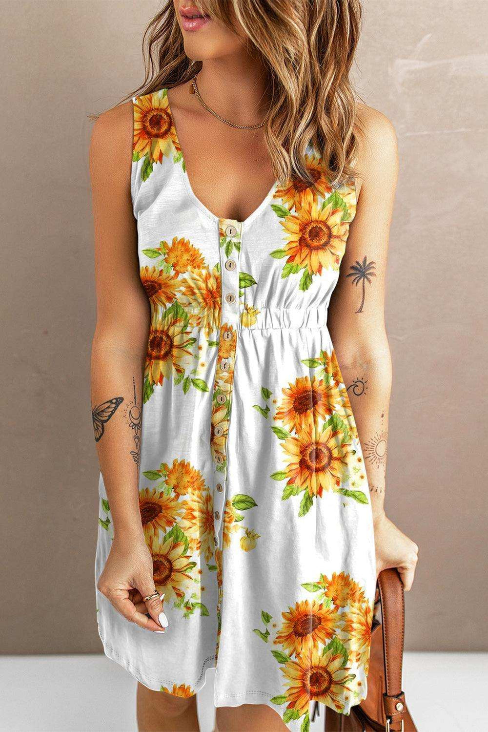 Sunflower Print Button Down Sleeveless Dress - Trendsi - Flyclothing LLC