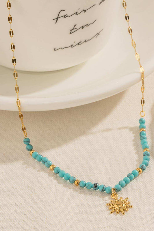 Turquoise Beaded 18K Gold-Plated Sun Shape Pendant Necklace - Trendsi - Flyclothing LLC