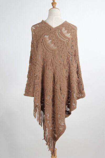 Fringe Openwork Surplice Cape Sleeve Poncho - Trendsi - Flyclothing LLC