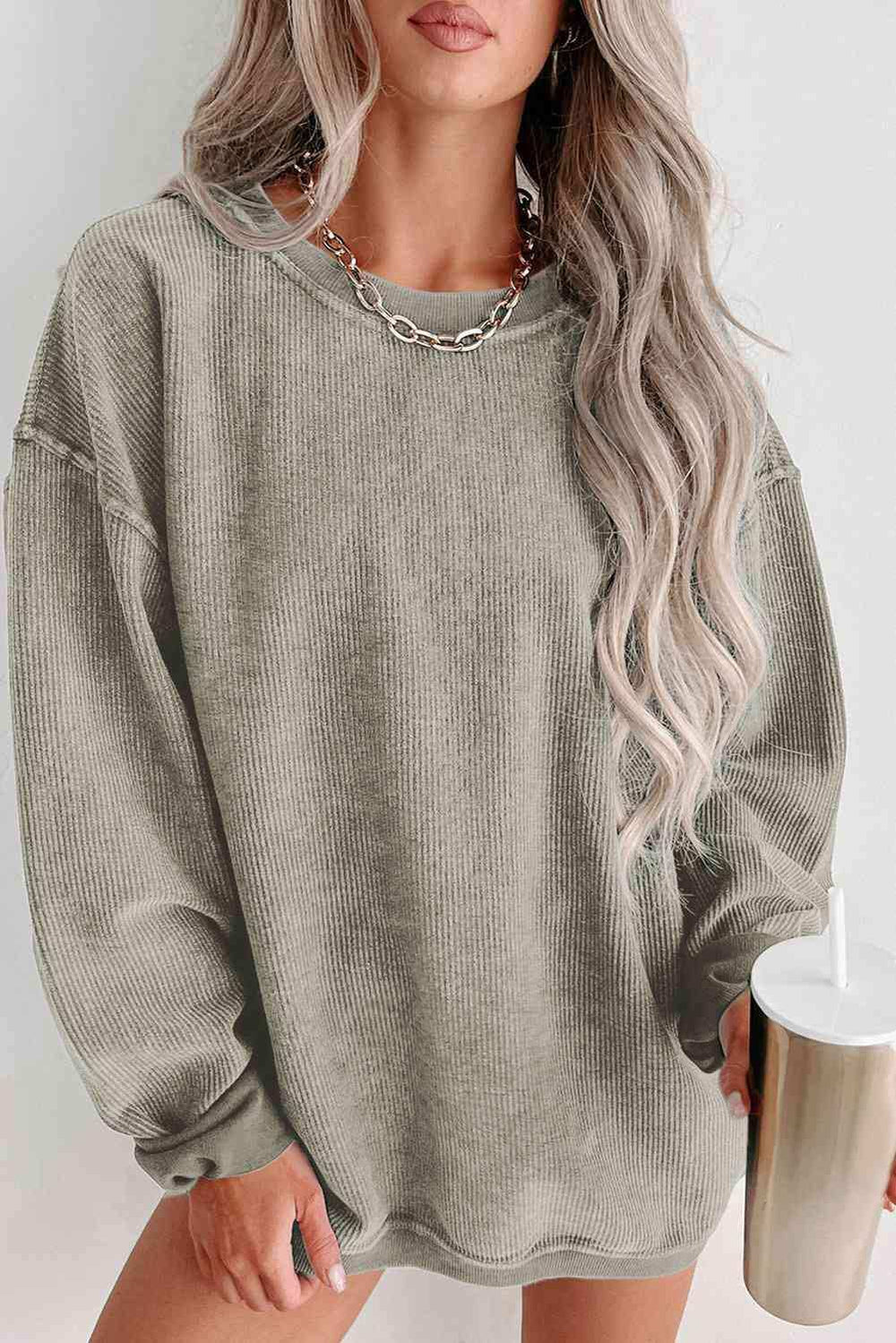 Round Neck Dropped Shoulder Sweatshirt - Trendsi - Flyclothing LLC