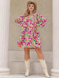 Plus Size Printed V-Neck Balloon Sleeve Mini Dress - Trendsi - Flyclothing LLC