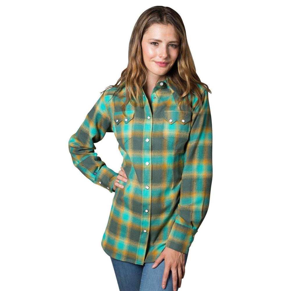 Women's Plush Green & Turquoise Plaid Flannel Western Shirt - Rockmount Clothing - Flyclothing LLC