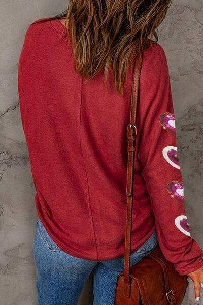 Heart Sequin Round Neck Long Sleeve T-Shirt - Trendsi - Flyclothing LLC