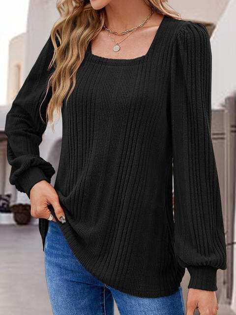 Square Neck Long Sleeve Top - Trendsi - Flyclothing LLC