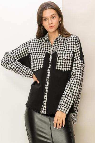 HYFVE Houndstooth Contrast Raw Hem Jacket - Trendsi - Flyclothing LLC