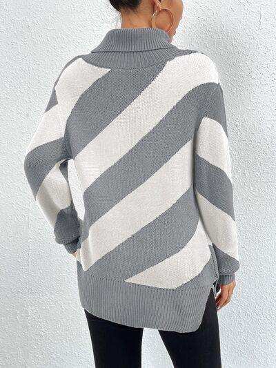 Striped Turtleneck Dropped Shoulder Sweater - Trendsi - Flyclothing LLC